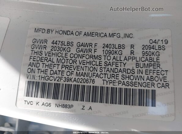 1HGCV2F39KA020676 2019 HONDA ACCORD White Engine compartment view
