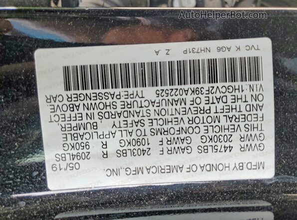 1HGCV2F39KA022525 2019 HONDA ACCORD Black Engine compartment view
