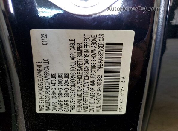 1HGCV2F39NA003882 2022 HONDA ACCORD Black VIN კოდის სტიკერის ხედი