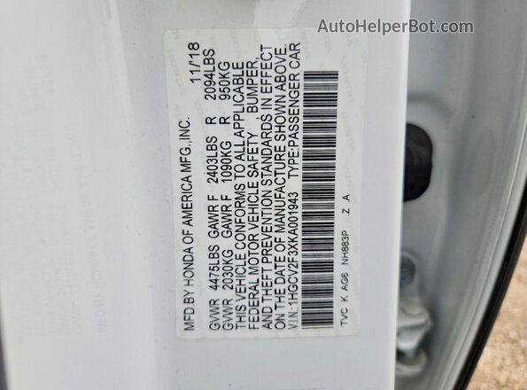 1HGCV2F3XKA001943 2019 HONDA ACCORD White Engine compartment view