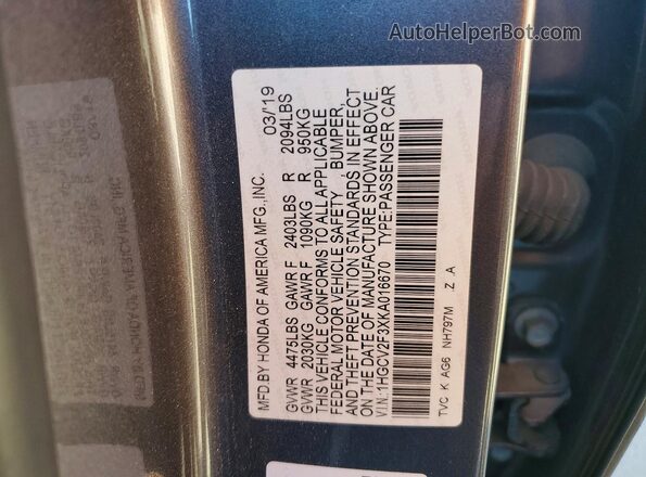 1HGCV2F3XKA016670 2019 HONDA ACCORD Gray Vista del compartimento del motor