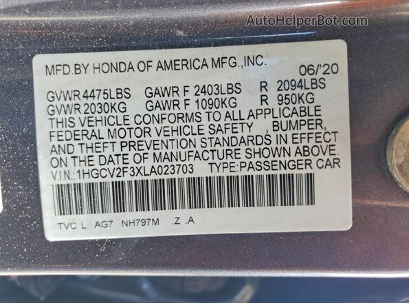 1HGCV2F3XLA023703 2020 HONDA ACCORD Gray Вид підкапотного простору