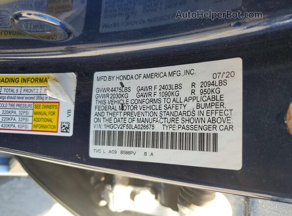 1HGCV2F50LA026675 2020 HONDA ACCORD Blue ძრავის განყოფილების ხედი