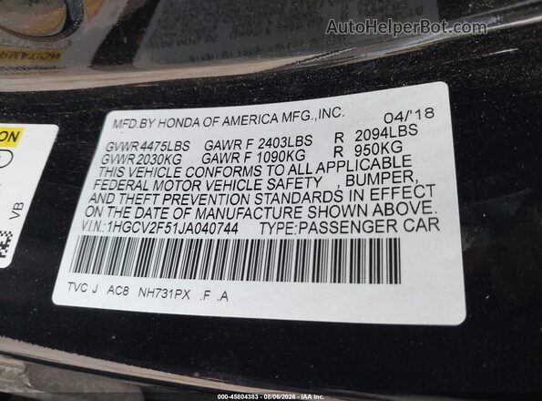1HGCV2F51JA040744 2018 HONDA ACCORD Black Շարժիչի բաժամունքի տեսք
