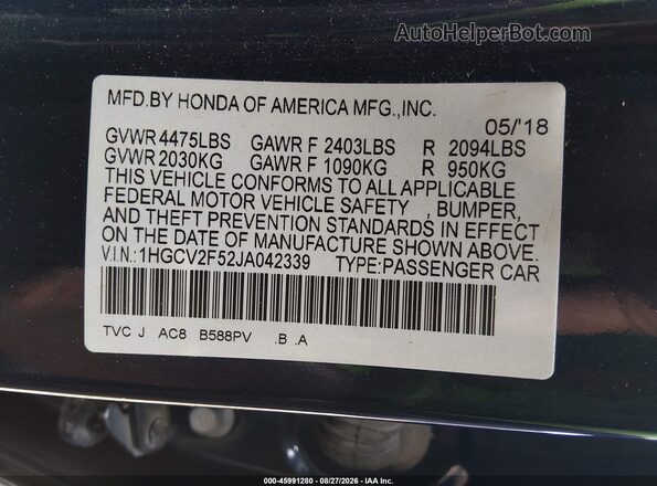 1HGCV2F52JA042339 2018 HONDA ACCORD Blue Вид підкапотного простору