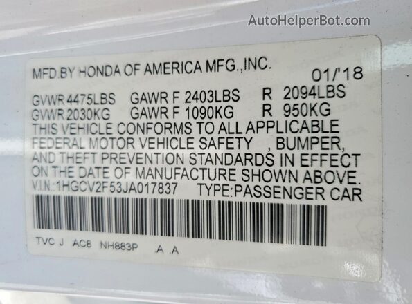 1HGCV2F53JA017837 2018 HONDA ACCORD White Vista de la etiqueta del VIN