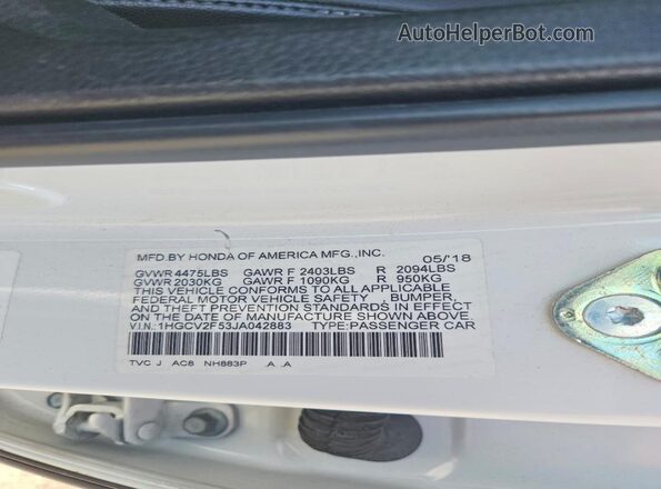 1HGCV2F53JA042883 2018 HONDA ACCORD White Շարժիչի բաժամունքի տեսք