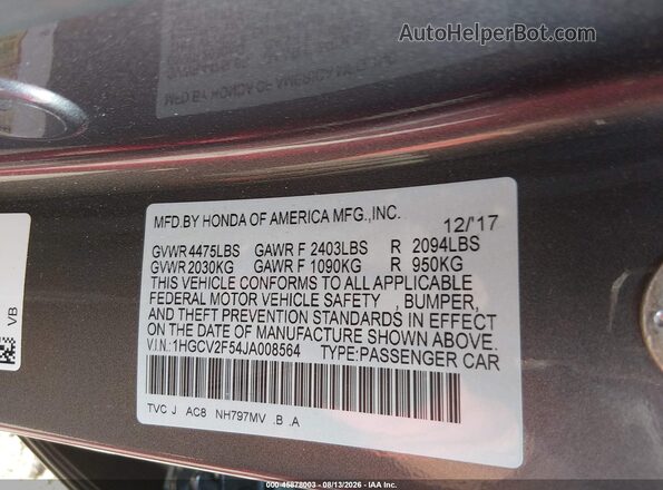 1HGCV2F54JA008564 2018 HONDA ACCORD Gray Вид підкапотного простору