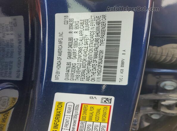 1HGCV2F56JA027391 2018 HONDA ACCORD Blue Вид підкапотного простору