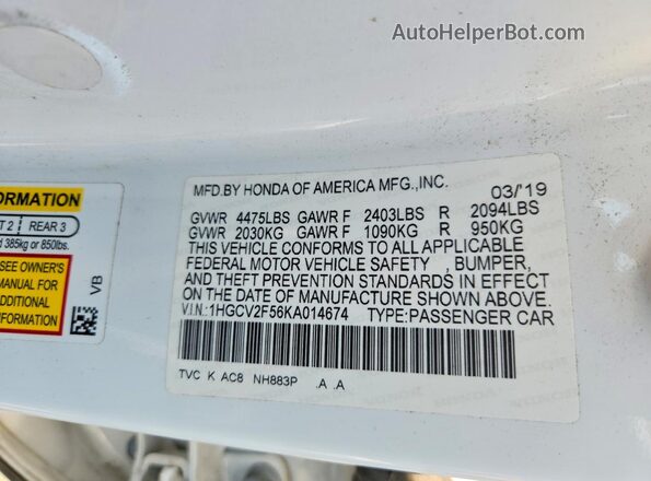 1HGCV2F56KA014674 2019 HONDA ACCORD White VIN sticker view