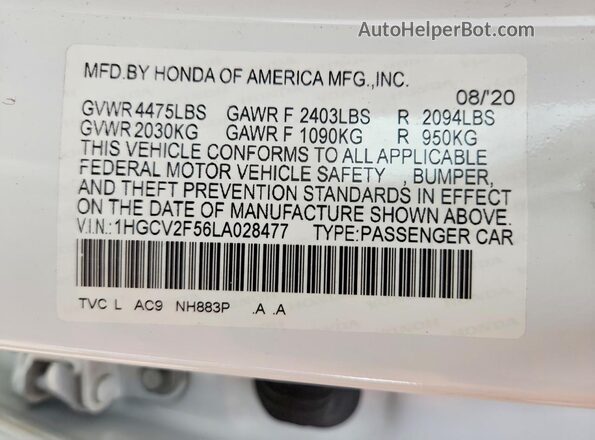 1HGCV2F56LA028477 2020 HONDA ACCORD White Շարժիչի բաժամունքի տեսք