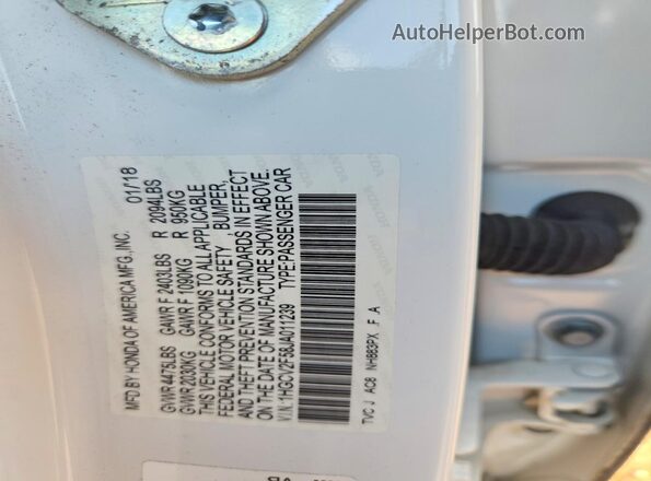 1HGCV2F58JA011239 2018 HONDA ACCORD White VIN კოდის სტიკერის ხედი