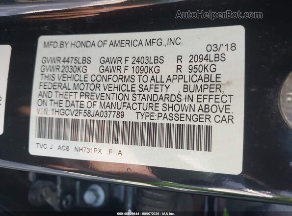 1HGCV2F58JA037789 2018 HONDA ACCORD Black Вид підкапотного простору