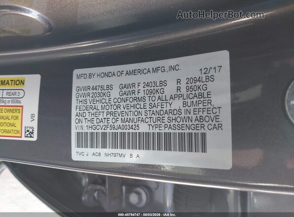 1HGCV2F59JA003425 2018 HONDA ACCORD Серый Вид подкапотного пространства