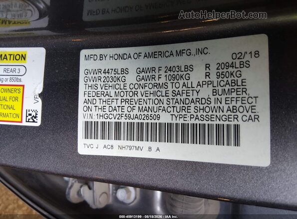1HGCV2F59JA026509 2018 HONDA ACCORD Gray Vista del compartimento del motor
