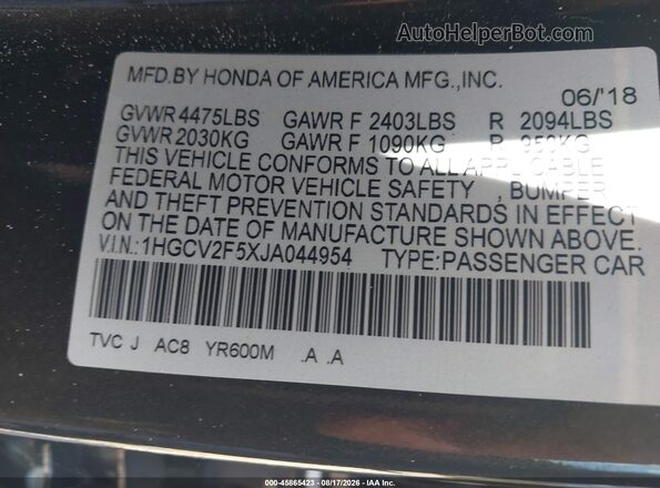 1HGCV2F5XJA044954 2018 HONDA ACCORD Black Շարժիչի բաժամունքի տեսք