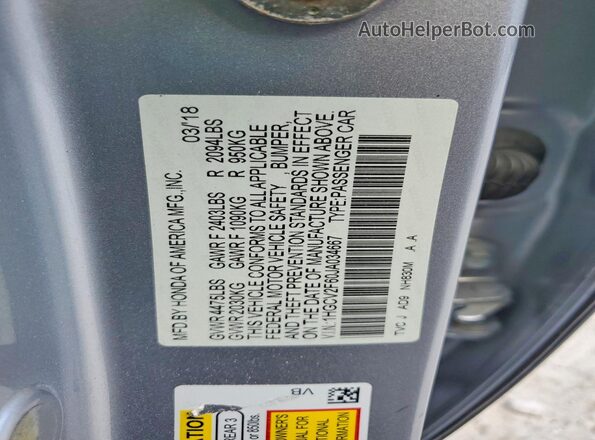 1HGCV2F60JA034667 2018 HONDA ACCORD Silver Вид наклейки з VIN-кодом