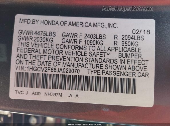 1HGCV2F66JA029070 2018 HONDA ACCORD Серый Вид подкапотного пространства