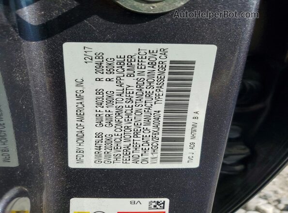 1HGCV2F6XJA004074 2018 HONDA ACCORD Gray Вид підкапотного простору