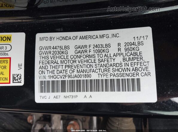 1HGCV2F90JA001890 2018 HONDA ACCORD Black Widok komory silnika