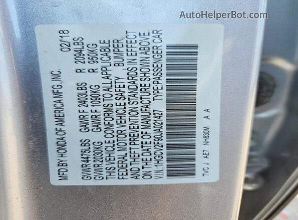 1HGCV2F90JA021427 2018 HONDA ACCORD Серебряный Вид наклейки с VIN-кодом