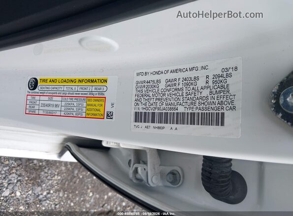 1HGCV2F90JA038664 2018 HONDA ACCORD White Widok komory silnika