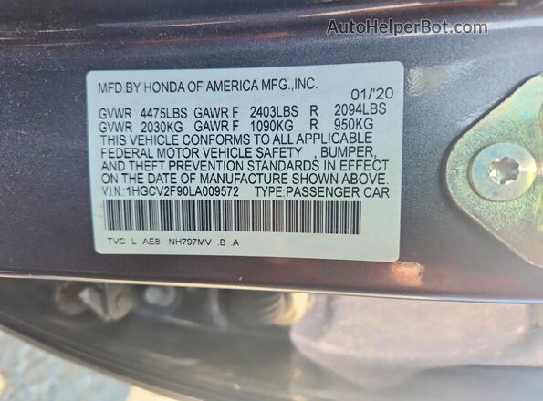 1HGCV2F90LA009572 2020 HONDA ACCORD Gray VIN კოდის სტიკერის ხედი