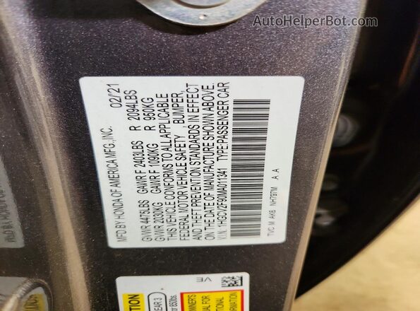 1HGCV2F90MA011341 2021 HONDA ACCORD Gray VIN კოდის სტიკერის ხედი