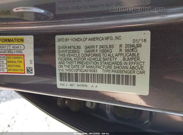 1HGCV2F92JA018383 2018 HONDA ACCORD Gray Widok komory silnika