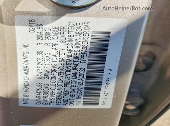 1HGCV2F92JA020022 2018 HONDA ACCORD Tan Շարժիչի բաժամունքի տեսք
