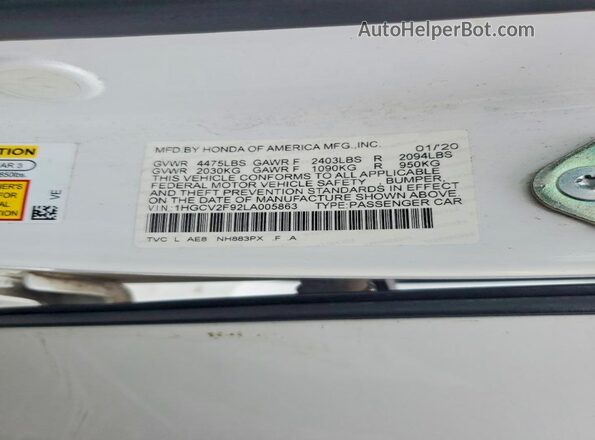 1HGCV2F92LA005863 2020 HONDA ACCORD Белый 