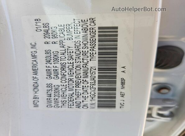 1HGCV2F93JA015721 2018 HONDA ACCORD White ძრავის განყოფილების ხედი