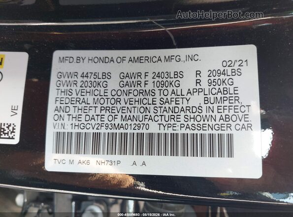 1HGCV2F93MA012970 2021 HONDA ACCORD Black Widok komory silnika