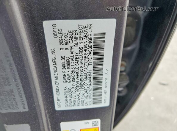 1HGCV2F94JA043611 2018 HONDA ACCORD Gray VIN sticker view