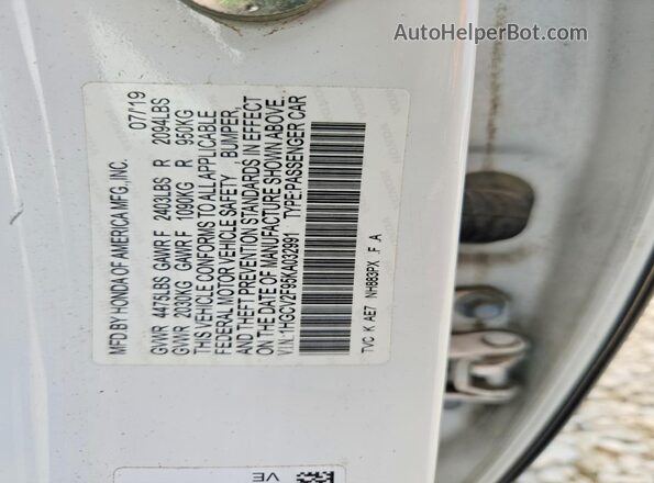 1HGCV2F95KA032991 2019 HONDA ACCORD White Widok naklejki z numerem VIN