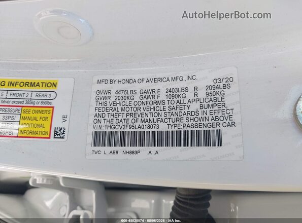 1HGCV2F95LA018073 2020 HONDA ACCORD White Вид підкапотного простору