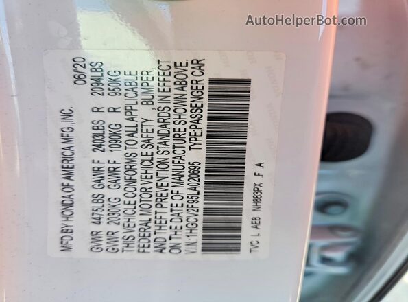 1HGCV2F95LA020695 2020 HONDA ACCORD White Вид наклейки з VIN-кодом