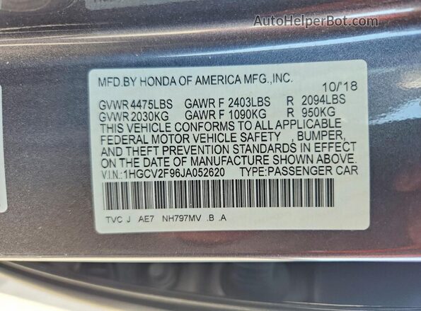 1HGCV2F96JA052620 2018 HONDA ACCORD Серый Вид подкапотного пространства