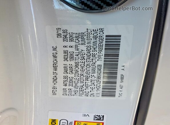 1HGCV2F96KA034538 2019 HONDA ACCORD Белый Вид наклейки с VIN-кодом