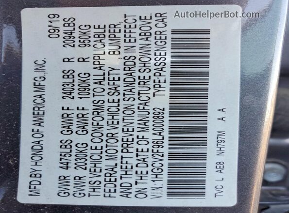 1HGCV2F96LA000892 2020 HONDA ACCORD Gray ძრავის განყოფილების ხედი