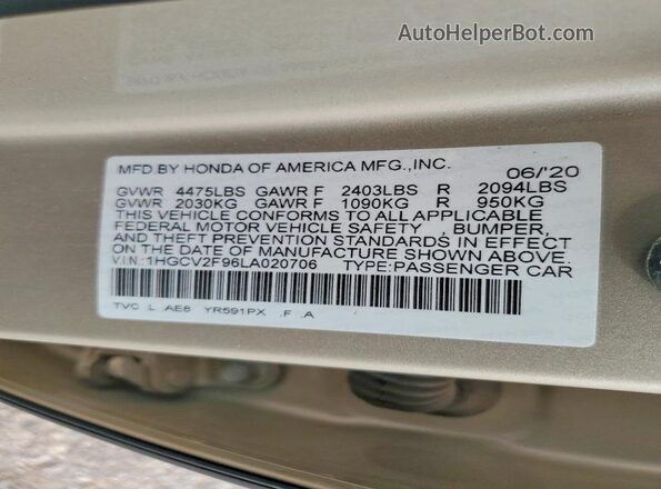 1HGCV2F96LA020706 2020 HONDA ACCORD Gold Вид наклейки з VIN-кодом