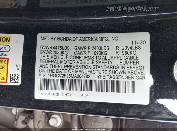 1HGCV2F96MA004782 2021 HONDA ACCORD Black Vista del compartimento del motor