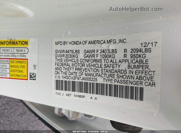 1HGCV2F97JA005225 2018 HONDA ACCORD White Вид підкапотного простору