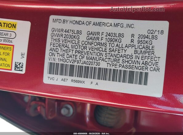 1HGCV2F97JA020730 2018 HONDA ACCORD Red Widok komory silnika