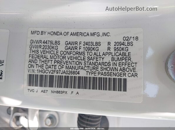 1HGCV2F97JA026804 2018 HONDA ACCORD White Vista del compartimento del motor