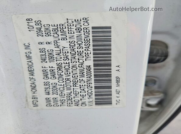 1HGCV2F97KA000494 2019 HONDA ACCORD White Вид наклейки з VIN-кодом
