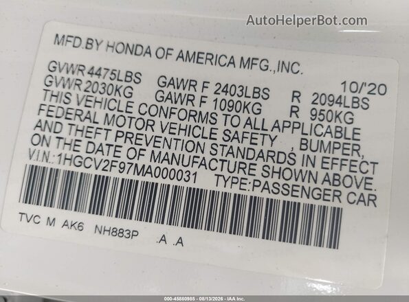 1HGCV2F97MA000031 2021 HONDA ACCORD White Vista del compartimento del motor