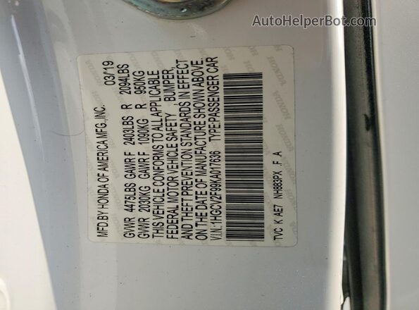 1HGCV2F99KA017636 2019 HONDA ACCORD White Вид підкапотного простору
