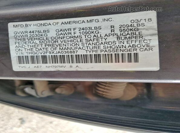 1HGCV2F9XJA036887 2018 HONDA ACCORD Charcoal VIN sticker view