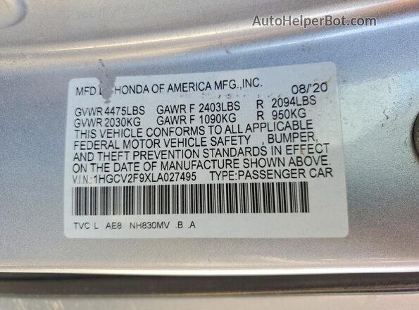 1HGCV2F9XLA027495 2020 HONDA ACCORD Silver Vista del compartimento del motor
